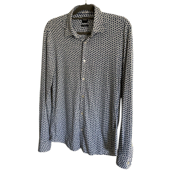 Hugo Boss Men's Medium Blue White Floral Shirt Slim Fit Finest Italian Fabric - Picture 1 of 13
